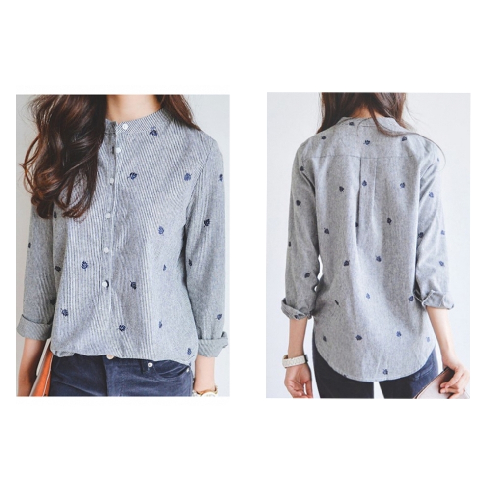 Womens Simple Leaf Embroidery Long Sleeve Button Down Striped Shirt